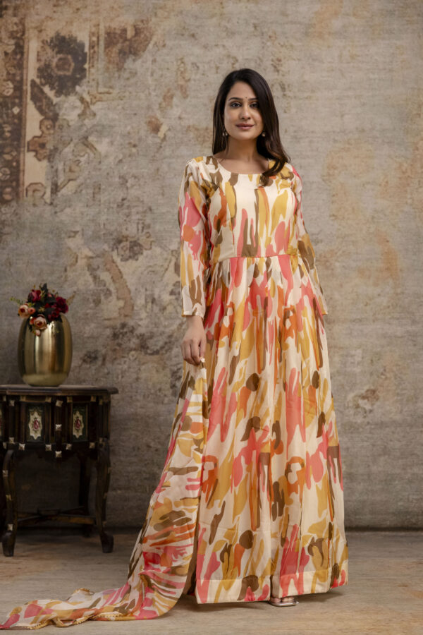 "Printed Gown with Round Neck and Printed Organza Dupatta" - Image 7