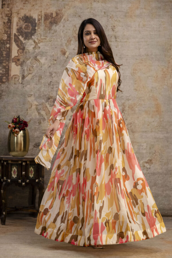 "Printed Gown with Round Neck and Printed Organza Dupatta" - Image 5