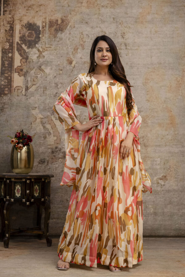 "Printed Gown with Round Neck and Printed Organza Dupatta" - Image 4