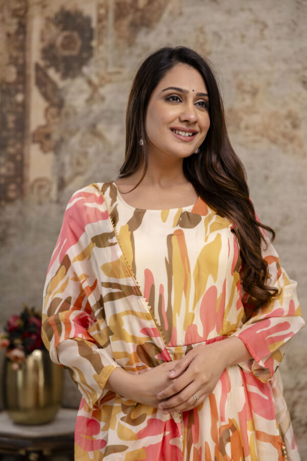 "Printed Gown with Round Neck and Printed Organza Dupatta" - Image 3