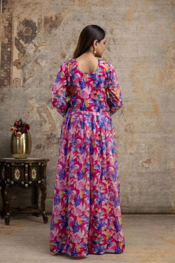 "Printed Gown with Round Neck and Printed Organza Dupatta" - Image 10