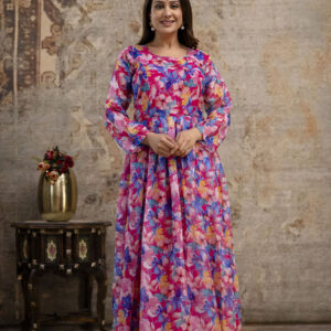 "Printed Gown with Round Neck and Printed Organza Dupatta"