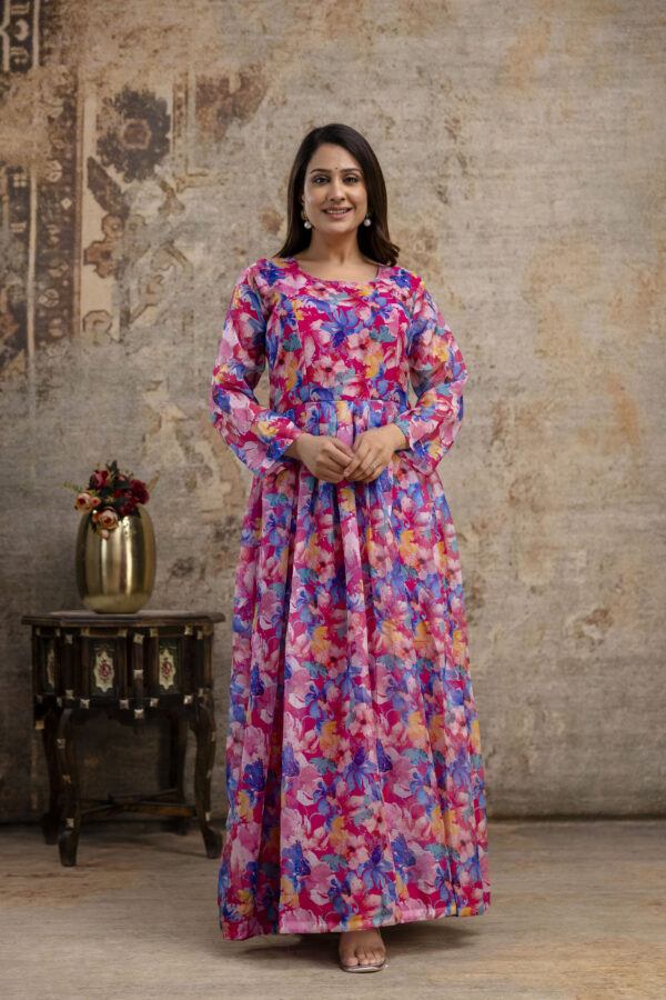"Printed Gown with Round Neck and Printed Organza Dupatta"