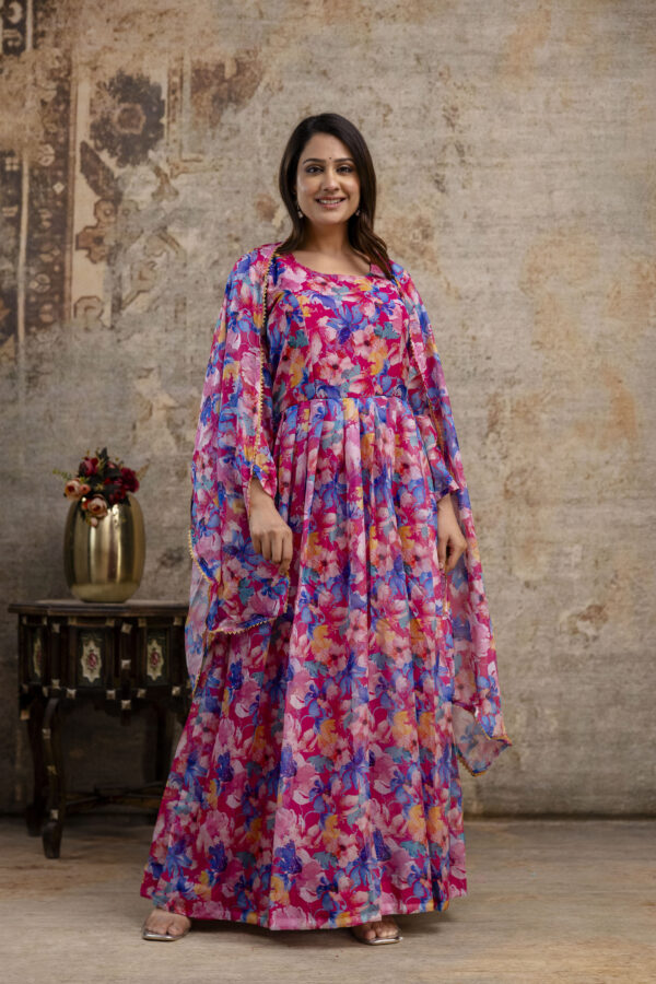 "Printed Gown with Round Neck and Printed Organza Dupatta" - Image 8