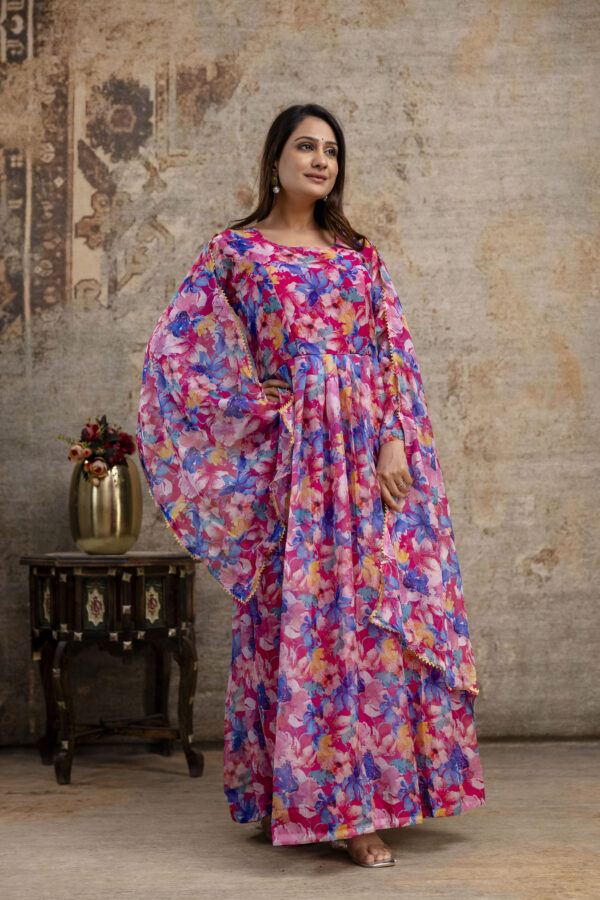 "Printed Gown with Round Neck and Printed Organza Dupatta" - Image 7