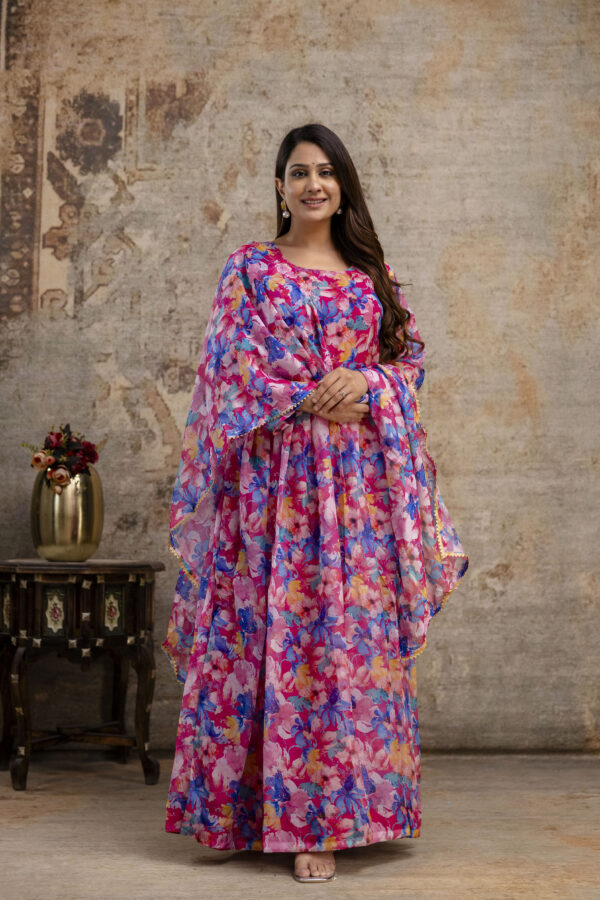 "Printed Gown with Round Neck and Printed Organza Dupatta" - Image 6