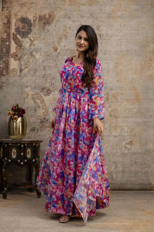 "Printed Gown with Round Neck and Printed Organza Dupatta" - Image 5