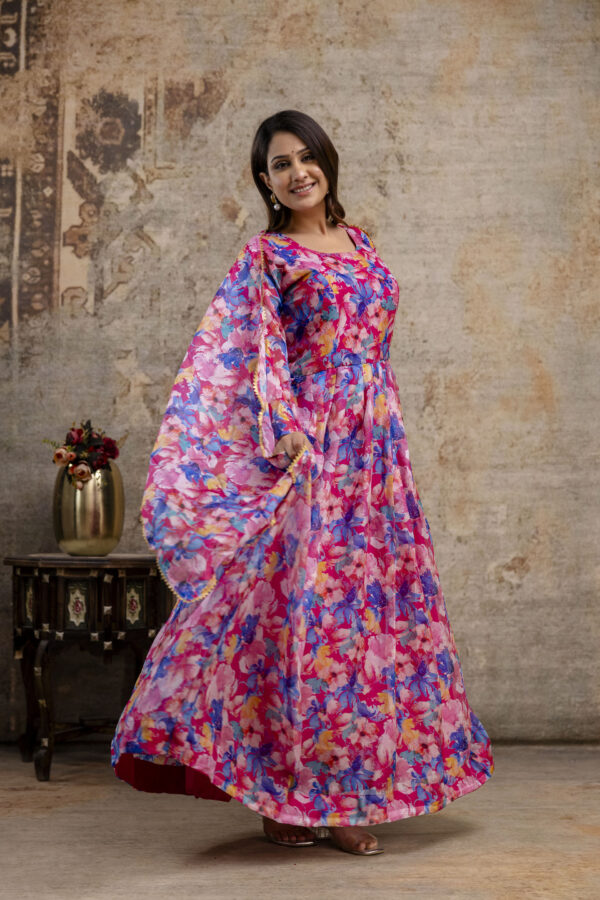 "Printed Gown with Round Neck and Printed Organza Dupatta" - Image 4