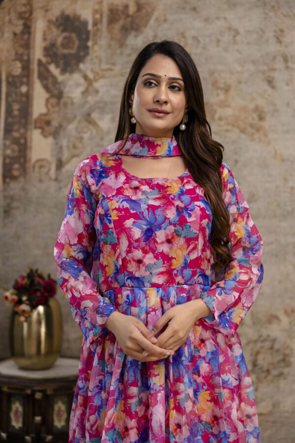 "Printed Gown with Round Neck and Printed Organza Dupatta" - Image 3