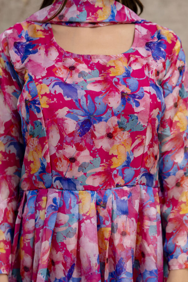 "Printed Gown with Round Neck and Printed Organza Dupatta" - Image 2