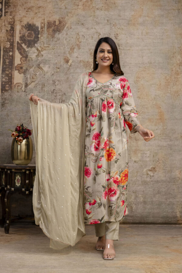 "Printed Frock with Handwork, V-Neck, Sequence Work Dupatta & Plain Pant" - Image 8