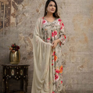 "Printed Frock with Handwork, V-Neck, Sequence Work Dupatta & Plain Pant"