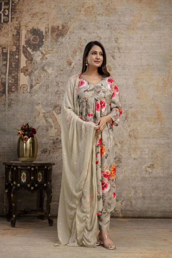"Printed Frock with Handwork, V-Neck, Sequence Work Dupatta & Plain Pant"