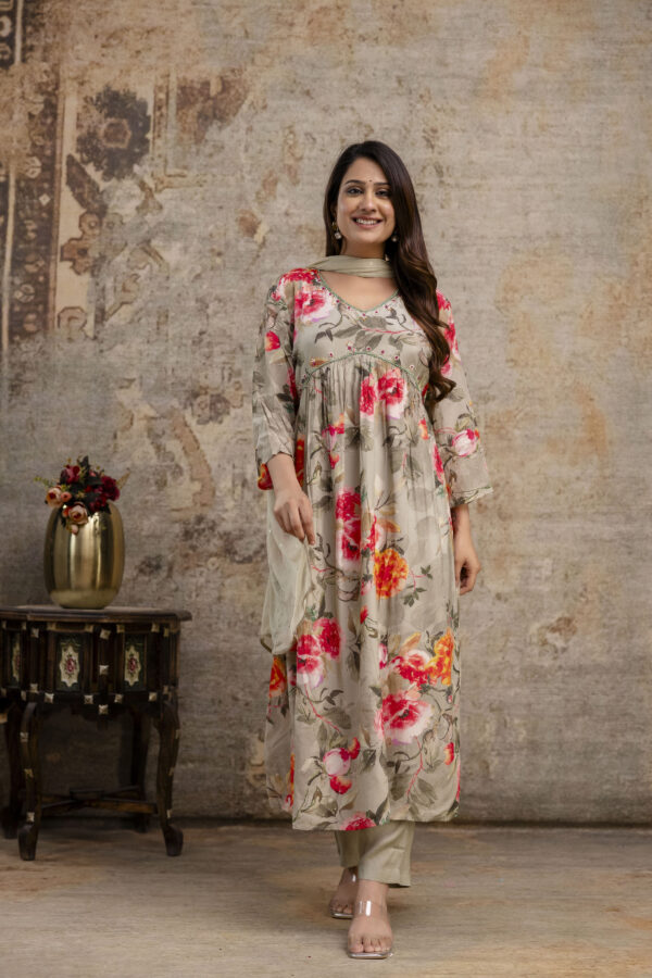 "Printed Frock with Handwork, V-Neck, Sequence Work Dupatta & Plain Pant" - Image 6