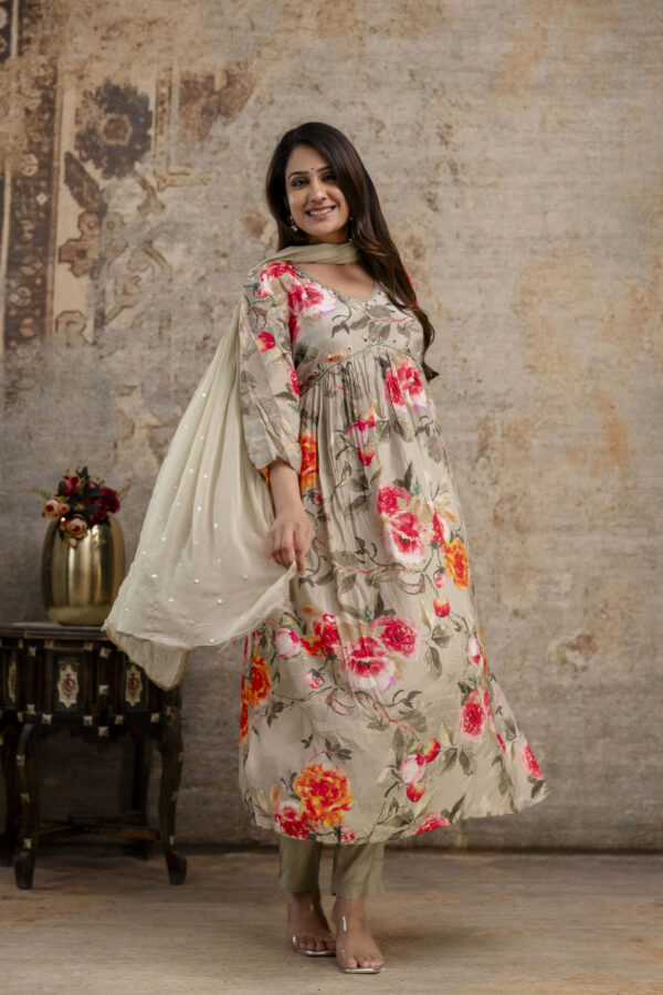 "Printed Frock with Handwork, V-Neck, Sequence Work Dupatta & Plain Pant" - Image 5