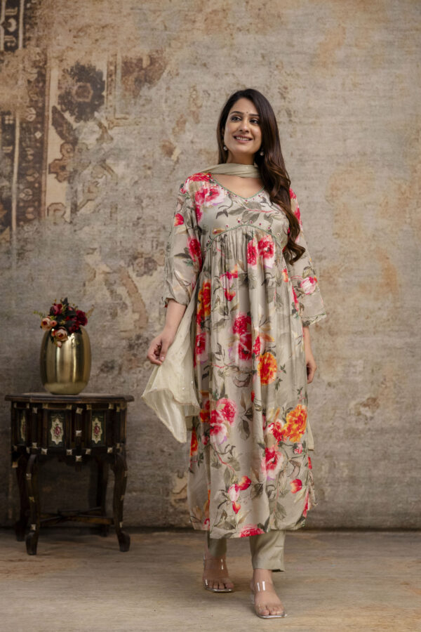 "Printed Frock with Handwork, V-Neck, Sequence Work Dupatta & Plain Pant" - Image 4