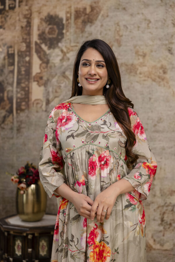 "Printed Frock with Handwork, V-Neck, Sequence Work Dupatta & Plain Pant" - Image 3