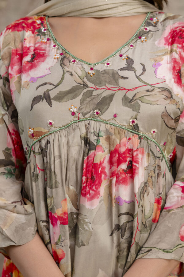 "Printed Frock with Handwork, V-Neck, Sequence Work Dupatta & Plain Pant" - Image 2