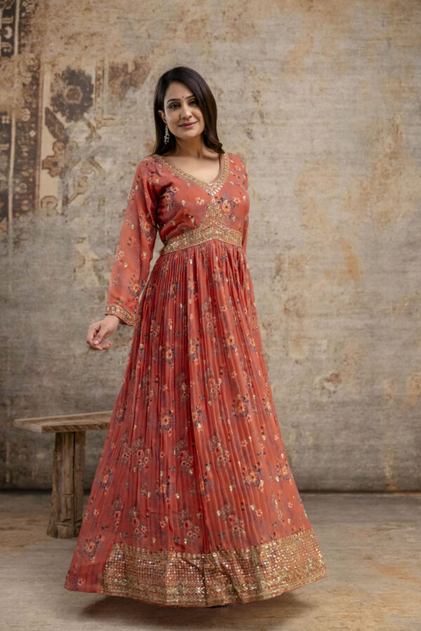 "Printed Gown with Sequence Jari Work, V-Neck, and Double-Shaded Shiffon Dupatta" - Image 9