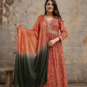 "Printed Gown with Sequence Jari Work, V-Neck, and Double-Shaded Shiffon Dupatta"