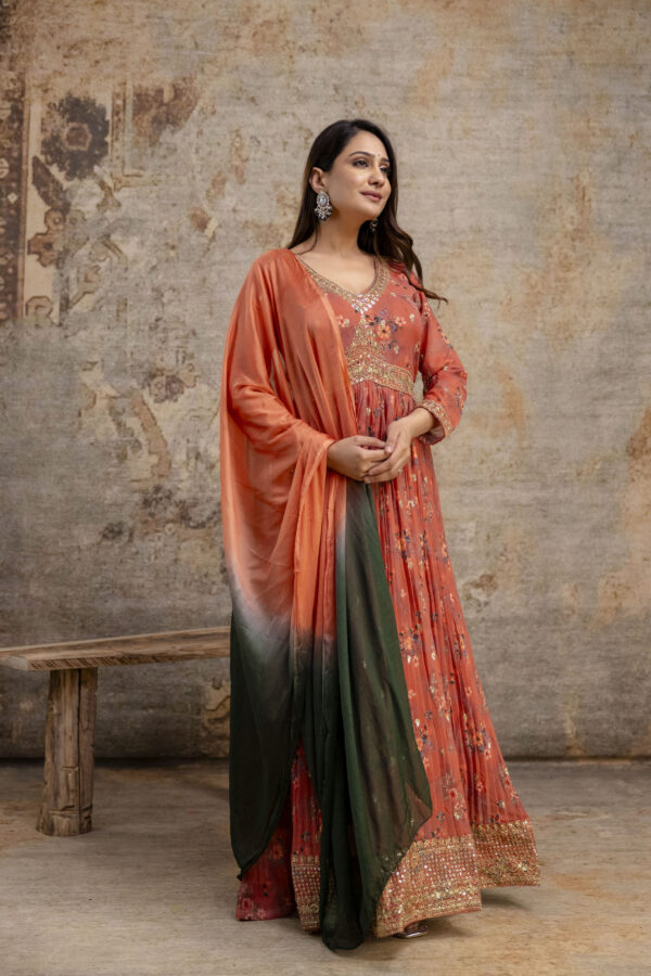 "Printed Gown with Sequence Jari Work, V-Neck, and Double-Shaded Shiffon Dupatta" - Image 7