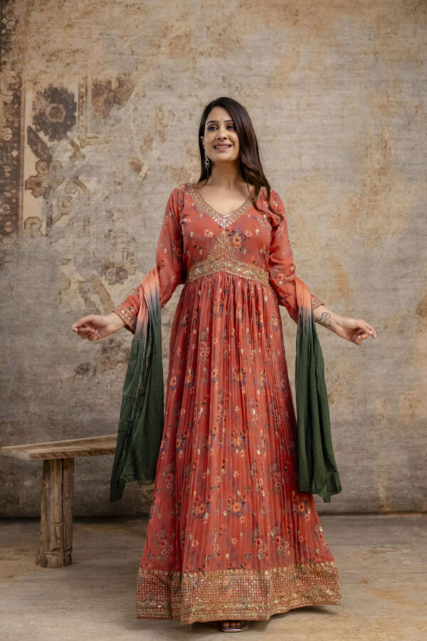 "Printed Gown with Sequence Jari Work, V-Neck, and Double-Shaded Shiffon Dupatta" - Image 6