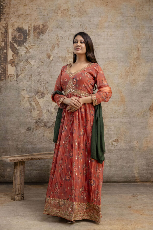 "Printed Gown with Sequence Jari Work, V-Neck, and Double-Shaded Shiffon Dupatta" - Image 5