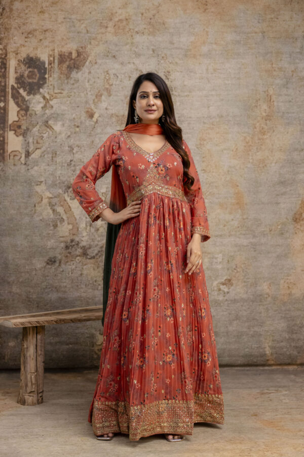 "Printed Gown with Sequence Jari Work, V-Neck, and Double-Shaded Shiffon Dupatta" - Image 4