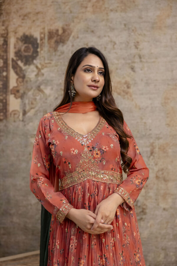 "Printed Gown with Sequence Jari Work, V-Neck, and Double-Shaded Shiffon Dupatta" - Image 2