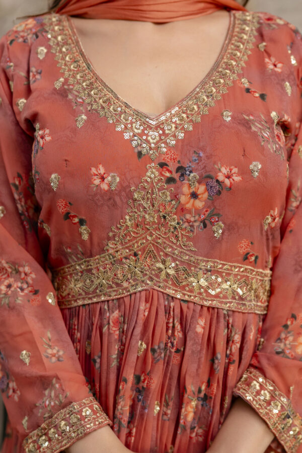 "Printed Gown with Sequence Jari Work, V-Neck, and Double-Shaded Shiffon Dupatta" - Image 3