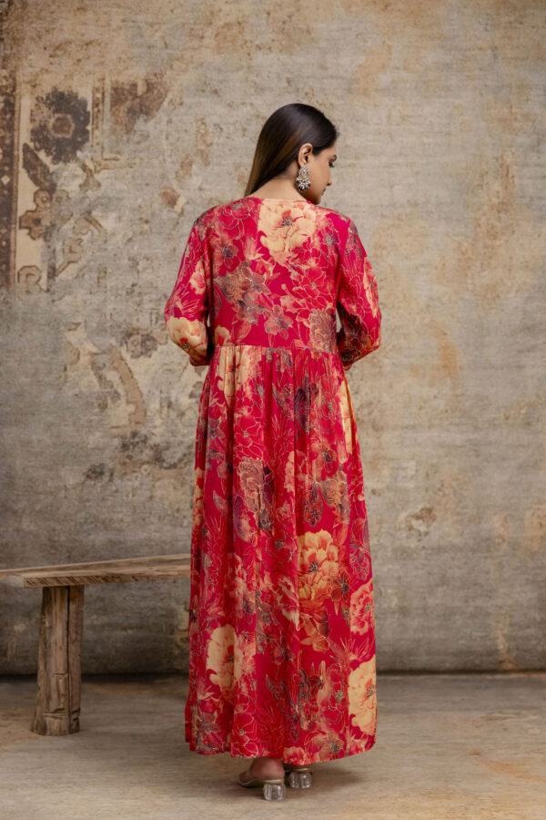 "Printed Frock with Resham Work V-Neck and Shiffon Dupatta with Sequence Detailing" - Image 11
