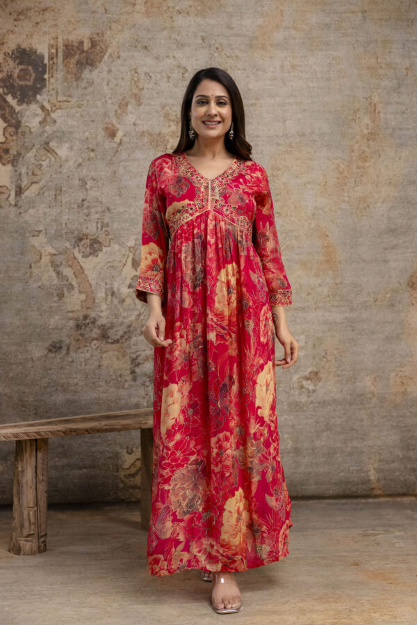 "Printed Frock with Resham Work V-Neck and Shiffon Dupatta with Sequence Detailing" - Image 10