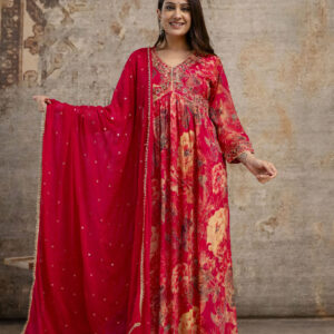 "Printed Frock with Resham Work V-Neck and Shiffon Dupatta with Sequence Detailing"