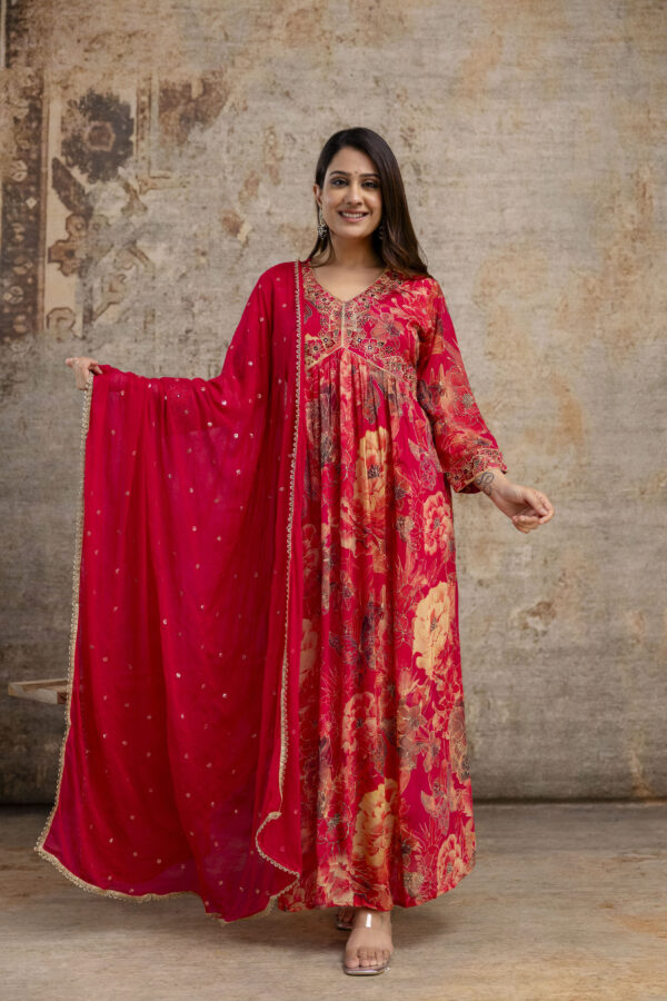 "Printed Frock with Resham Work V-Neck and Shiffon Dupatta with Sequence Detailing"