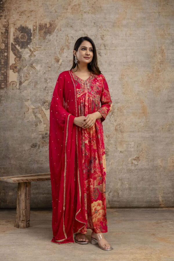 "Printed Frock with Resham Work V-Neck and Shiffon Dupatta with Sequence Detailing" - Image 8