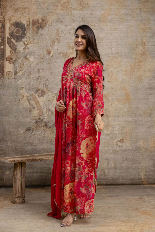 "Printed Frock with Resham Work V-Neck and Shiffon Dupatta with Sequence Detailing" - Image 7