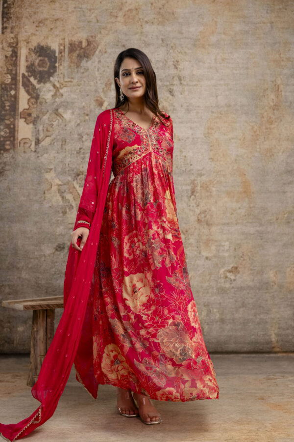 "Printed Frock with Resham Work V-Neck and Shiffon Dupatta with Sequence Detailing" - Image 6