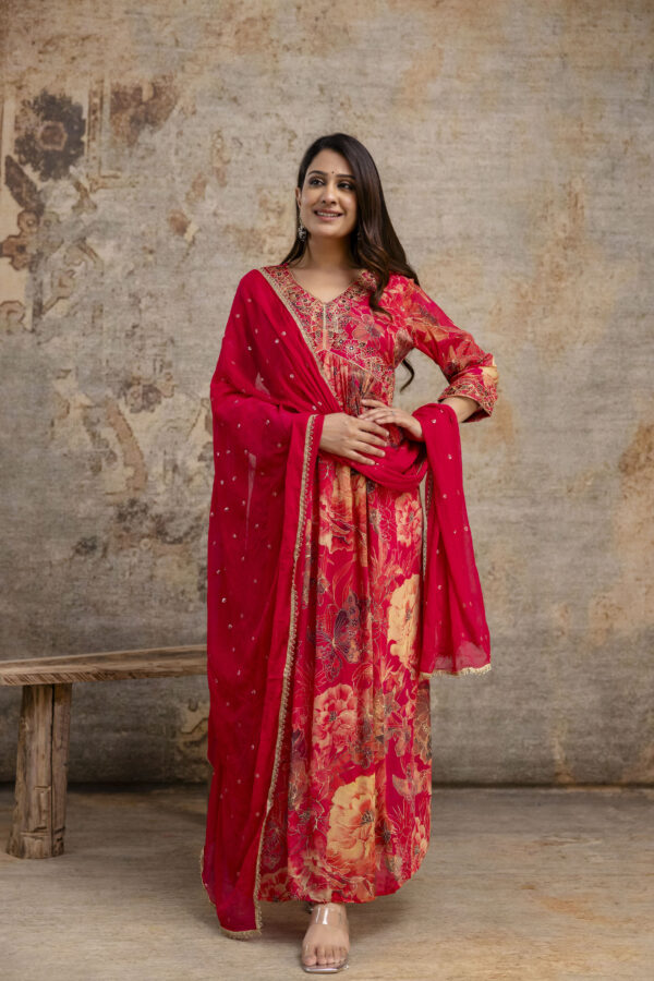 "Printed Frock with Resham Work V-Neck and Shiffon Dupatta with Sequence Detailing" - Image 5
