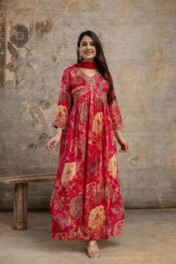 "Printed Frock with Resham Work V-Neck and Shiffon Dupatta with Sequence Detailing" - Image 4