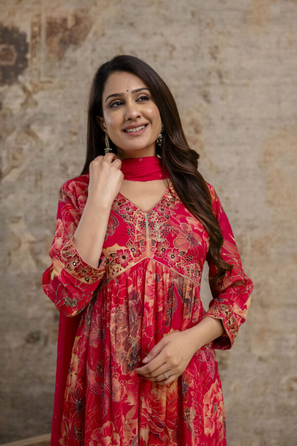 "Printed Frock with Resham Work V-Neck and Shiffon Dupatta with Sequence Detailing" - Image 3