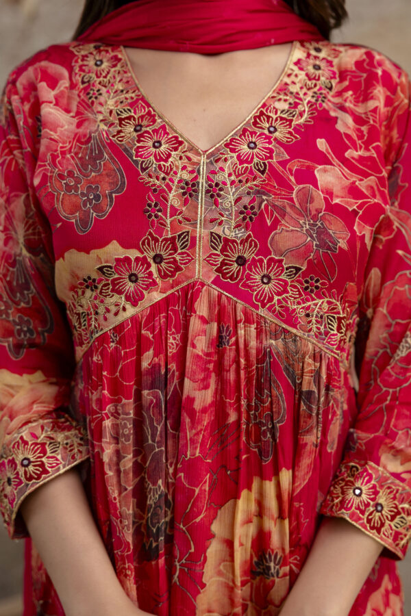 "Printed Frock with Resham Work V-Neck and Shiffon Dupatta with Sequence Detailing" - Image 2