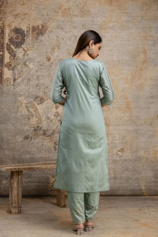 "Chanderi Silk V-Neck Kurti with Codi Sequence Work on Pant & Brazo Silk Dupatta" - Image 10