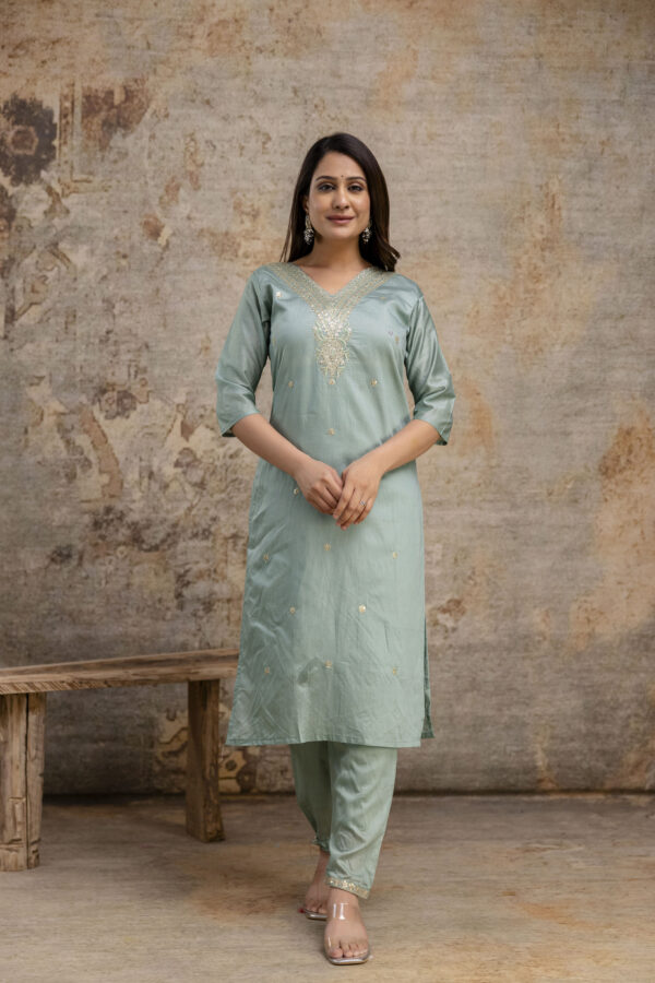"Chanderi Silk V-Neck Kurti with Codi Sequence Work on Pant & Brazo Silk Dupatta" - Image 9