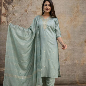 "Chanderi Silk V-Neck Kurti with Codi Sequence Work on Pant & Brazo Silk Dupatta"