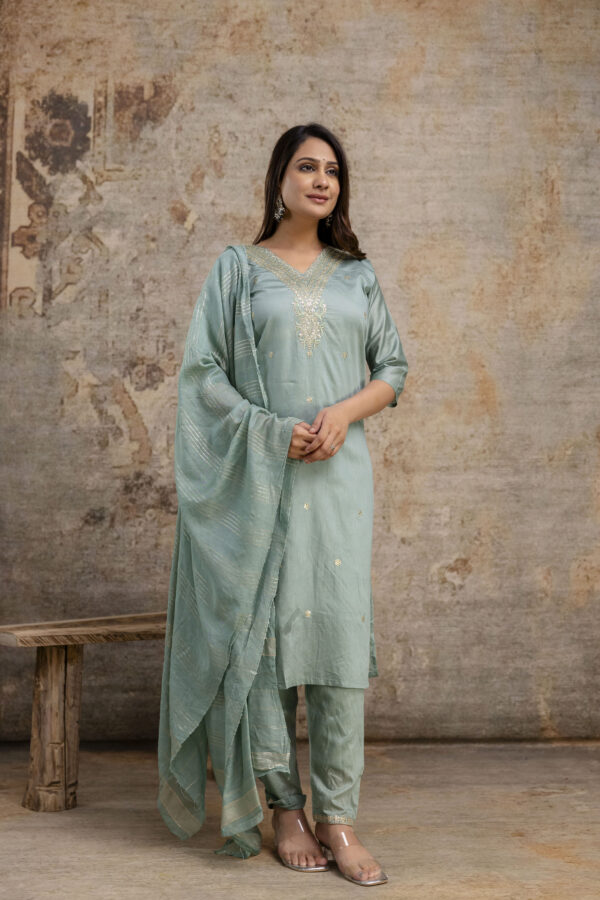 "Chanderi Silk V-Neck Kurti with Codi Sequence Work on Pant & Brazo Silk Dupatta" - Image 7