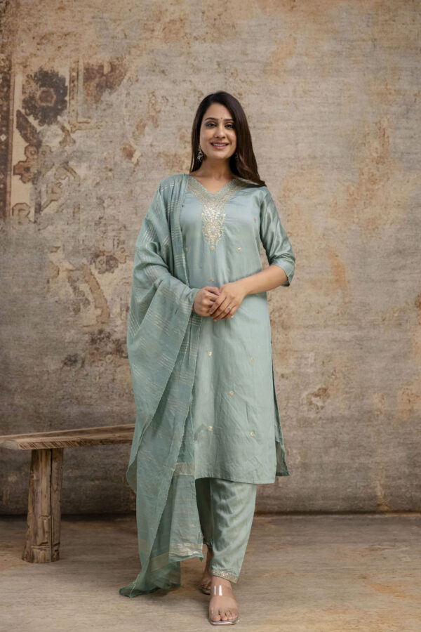 "Chanderi Silk V-Neck Kurti with Codi Sequence Work on Pant & Brazo Silk Dupatta" - Image 6