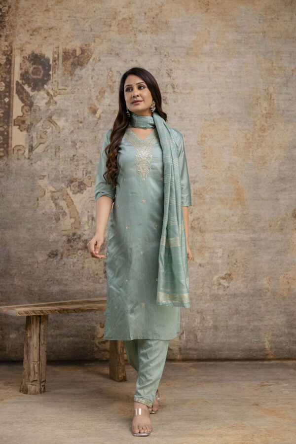 "Chanderi Silk V-Neck Kurti with Codi Sequence Work on Pant & Brazo Silk Dupatta" - Image 5