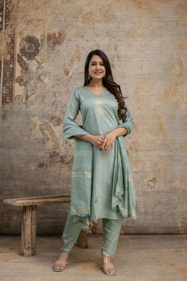 "Chanderi Silk V-Neck Kurti with Codi Sequence Work on Pant & Brazo Silk Dupatta" - Image 4