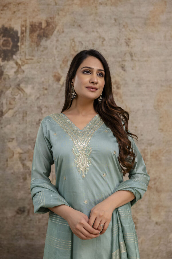 "Chanderi Silk V-Neck Kurti with Codi Sequence Work on Pant & Brazo Silk Dupatta" - Image 3