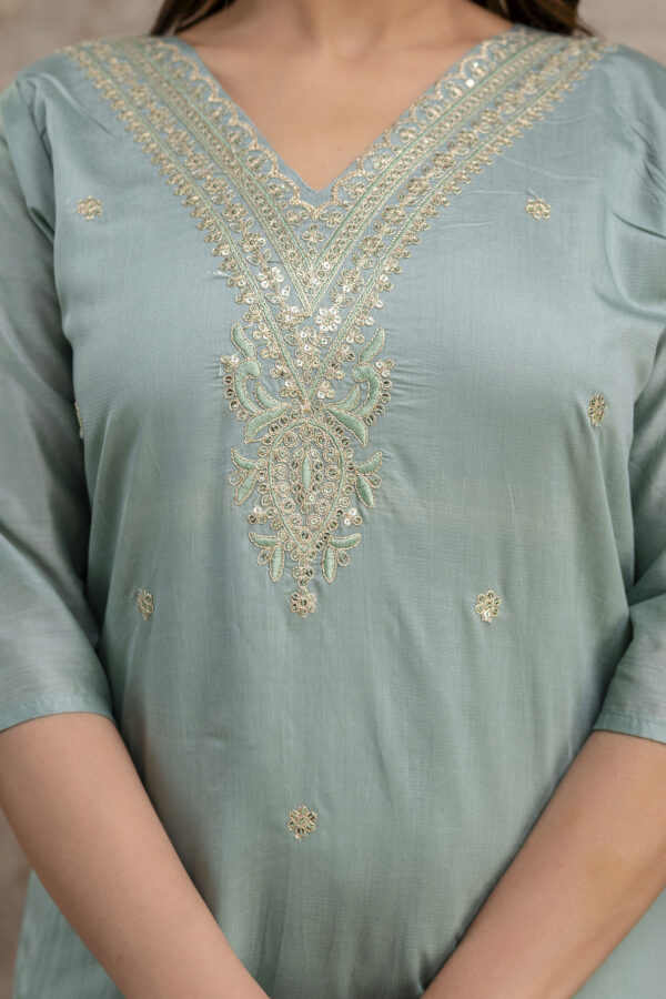 "Chanderi Silk V-Neck Kurti with Codi Sequence Work on Pant & Brazo Silk Dupatta" - Image 11